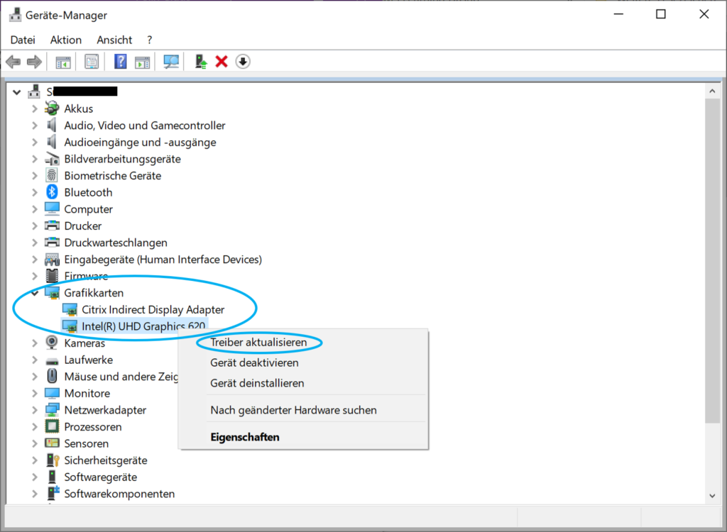 Screenshot des Geräte-Managers mit aufgeklapptem Reiter Grafikkarten und dem entsprechenden Menü durch den Rechtsklick unter Windows 10